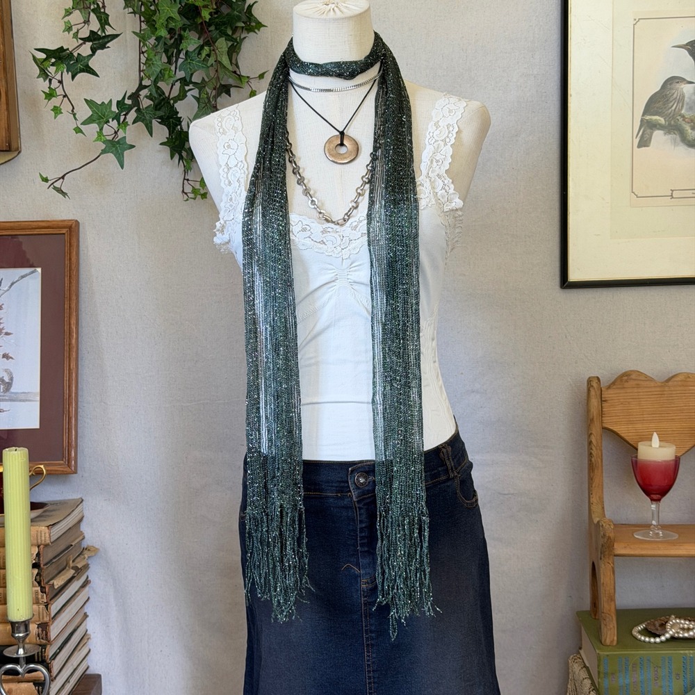 Green Metallic Knit Mesh Skinny Scarf Fringe Whimsygoth Indie Sleaze OS Sparkly